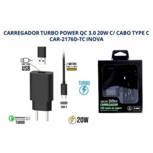 Carregador Rápido de Celular tipo C Tomada CAR 2176d 20W Inova